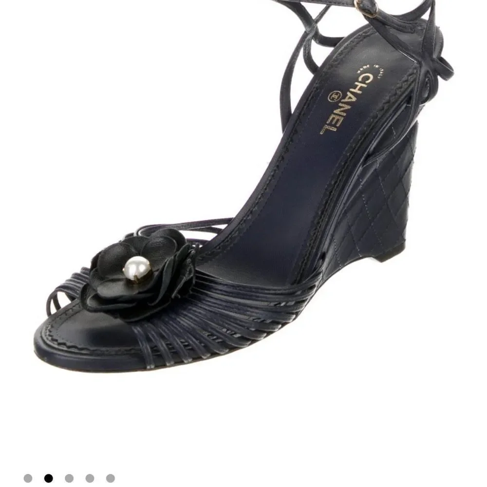 CHANEL Navy/ Black Wedge Sandals with High Heel and Strappy Design Sz 40